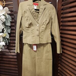 Les Copains Khaki Ruffle-Trim Pantsuit Jacket and Skirt